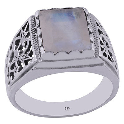 Unique Jali Cut Rainbow Moonstone Rectangle Shape 925 Sterling Solid Silver Ring - R1001944-17