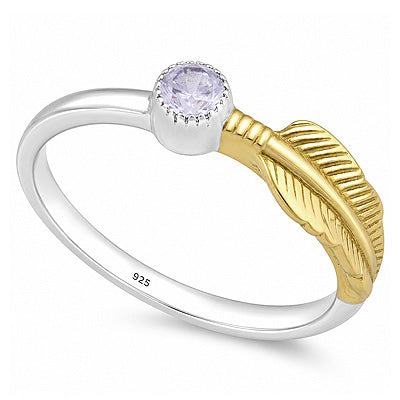 Stunning Leaf Work Around White Cubic Zirconia Round Shape 944 Sterling Solid Silver & Brass Ring - R1002108-12
