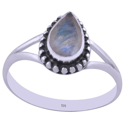 Beautiful Rawa Work Around Rainbow Moonstone Pear Shape 925 Sterling Solid Silver Ring - R1002241-15