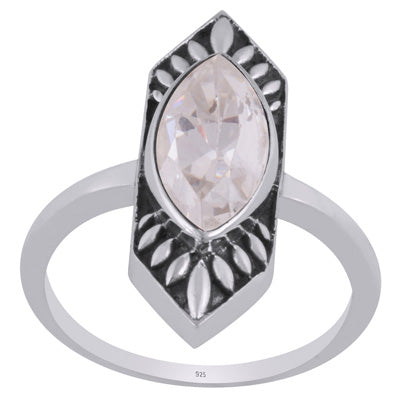 Alluring Oxidised Work Around White Cubic Zirconia Marquise Shap 925 Sterling Solid Silver Ring - R1002343-8