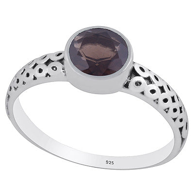 Alluring Oxidised Handcrafted Work Around Smoky Topaz Round Shape 925 Sterling Solid Silver Ring - R1002346-7