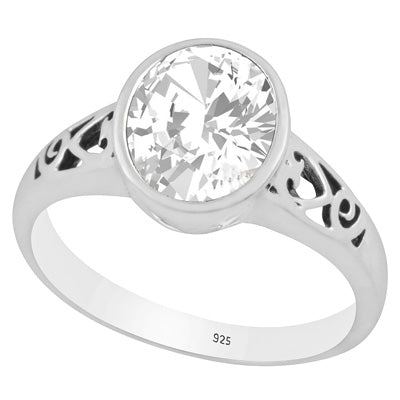 Gorgeous Handcrafted Cut Work Around White Cubic Zirconia Oval Shape 925 Sterling Solid Silver Ring - R1002347-11