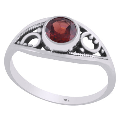 Alluring Handcrafted Rawa Work Around Garnet Round Shape 925 Sterling Solid Silver Ring - R1002348-2
