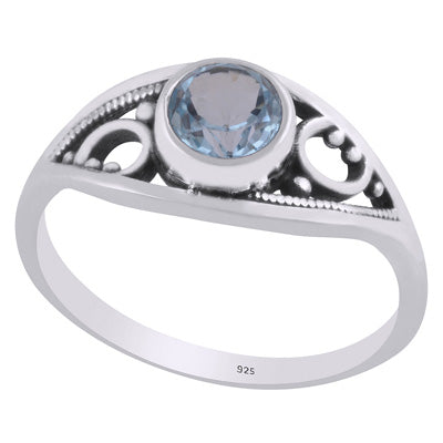 Alluring Handcrafted Rawa Work Around Blue Topaz Round Shape 925 Sterling Solid Silver Ring - R1002348-8