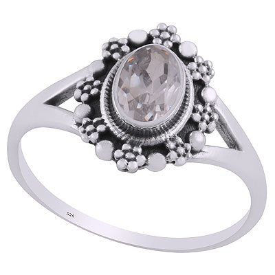 Beautifully Flower Rawa Work Around White Cubic Zirconia Oval Shape 925 Sterling Solid Silver Rings - R1002362-11