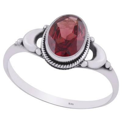 Alluring Crescent Moon Around Garnet Oval Shape 925 Sterling Solid Silver Ring - R1002365-2