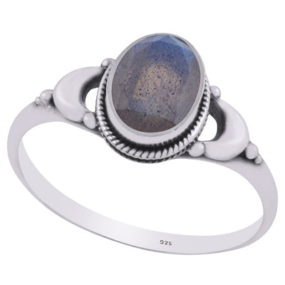 Alluring Crescent Moon Around Labradorite Oval Shape 925 Sterling Solid Silver Ring - R1002365-6