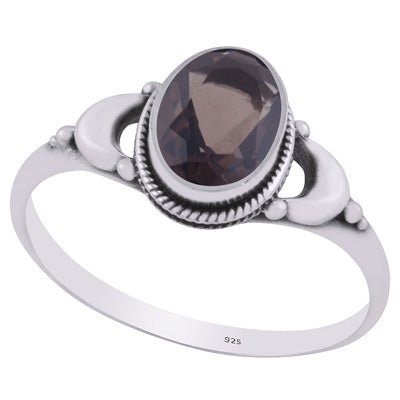 Alluring Crescent Moon Around Smoky Topaz Oval Shape 925 Sterling Solid Silver Ring - R1002365-7