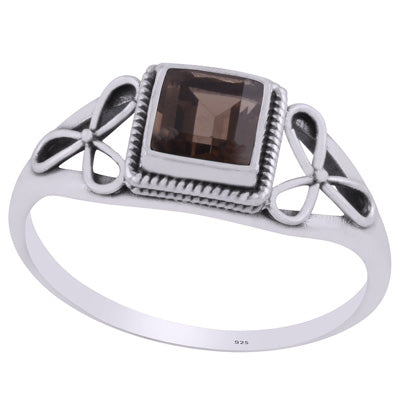 Gorgeous Flower Handcrafted Around Smoky Topaz Square Shape 925 Sterling Solid Silver Ring - R1002373-7