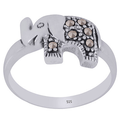 Stunning Elephant Around Marcasite Round Shape 925 Sterling Solid Silver Ring - R1002379-1
