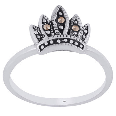 Gorgeous Crown on Marcasite Round Shape 925 Sterling Solid Silver Ring - R1002380-1