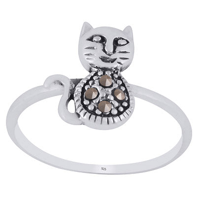 Gorgeous Cat Studded w/ Gemstones Marcasite Round Shape 925 Sterling Solid Silver Ring - R1002383-1