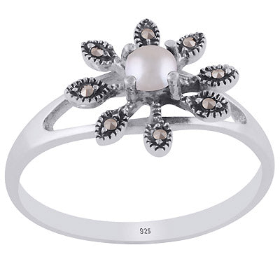 Stunning Oxdised Flower Patter Around Marcasite,Pearl Round Shape 925 Sterling Solid Silver Ring - R1002392-5