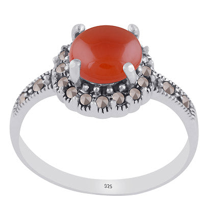 Gorgeous Oxidised Marcasite,Carnelian Round Shape 925 Sterling Solid Silver Ring - R1002394-2