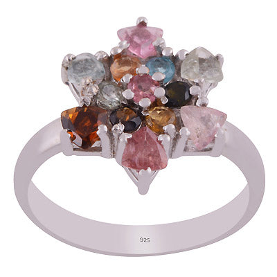 Alluring Multicoloured Gemstone Tourmaline Round,Trillion Shape 925 Sterling Solid Silver Rhodium Plated Ring - R1002426-3