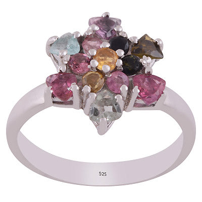 Alluring Multicoloured Gemstone Tourmaline Round,Trillion Shape 925 Sterling Solid Silver Rhodium Plated Ring - R1002426-5