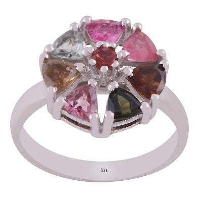 Gorgeous Multicoloured Gemstone Tourmaline Round,Trillion Shape 925 Sterling Solid Silver Rhodium Plated Ring - R1002427-3