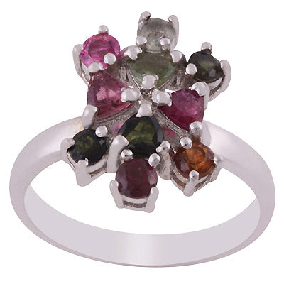 Alluring Multicoloured Gemstone Tourmaline Round,Trillion Shape 925 Sterling Solid Silver Rhodium Plated Ring - R1002429-1