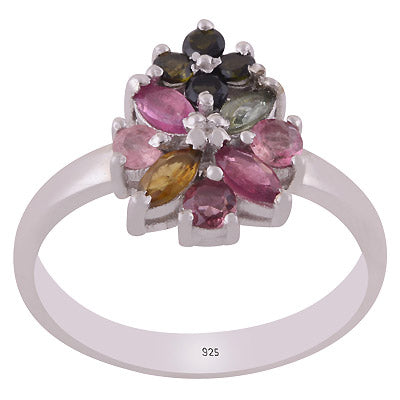 Alluring Flower Pattern Gemstone Tourmaline Round,Marquise Shape 925 Sterling Solid Silver Rhodium Plated Ring - R1002430-2