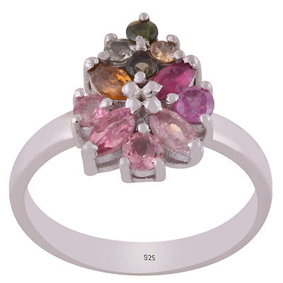 Alluring Flower Pattern Gemstone Tourmaline Round,Marquise Shape 925 Sterling Solid Silver Rhodium Plated Ring - R1002430-3