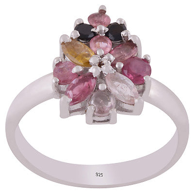 Alluring Flower Pattern Gemstone Tourmaline Round,Marquise Shape 925 Sterling Solid Silver Rhodium Plated Ring - R1002430-4