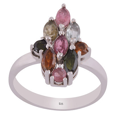 Gorgeous Multicoloured Gemstone Tourmaline Round,Marquise Shape 925 Sterling Solid Silver Rhodium Plated Ring - R1002431-2