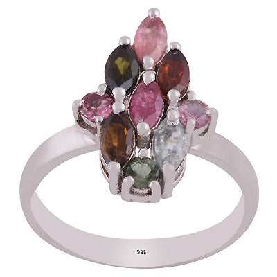 Gorgeous Multicoloured Gemstone Tourmaline Round,Marquise Shape 925 Sterling Solid Silver Rhodium Plated Ring - R1002431-9