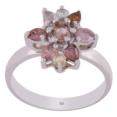 Beautiful Flower Pattern Gemstone Tourmaline Round,Marquise Shape 925 Sterling Solid Silver Rhodium Plated Ring - R1002432-2