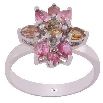 Beautiful Flower Pattern Gemstone Tourmaline Round,Marquise Shape 925 Sterling Solid Silver Rhodium Plated Ring - R1002432-5