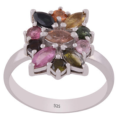 Stunning Multicoloured Gemstone Tourmaline Round,Marquise Shape 925 Sterling Solid Silver Rhodium Plated Ring - R1002433-5