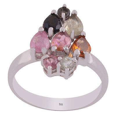 Classic Gemstone Tourmaline Pear,Round Shape 925 Sterling Solid Silver Rhodium Plated Ring - R1002434-3