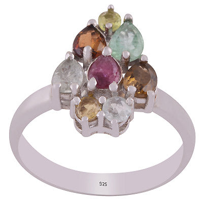 Classic Gemstone Tourmaline Pear,Round Shape 925 Sterling Solid Silver Rhodium Plated Ring - R1002434-5
