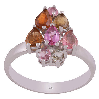 Classic Gemstone Tourmaline Pear,Round Shape 925 Sterling Solid Silver Rhodium Plated Ring - R1002434-7