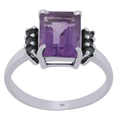 Beautiful Multiple Color Gemstone Around Amethyst,Emerald Rectangle,Round Shape 925 Sterling Solid Silver Ring - R1002444-2