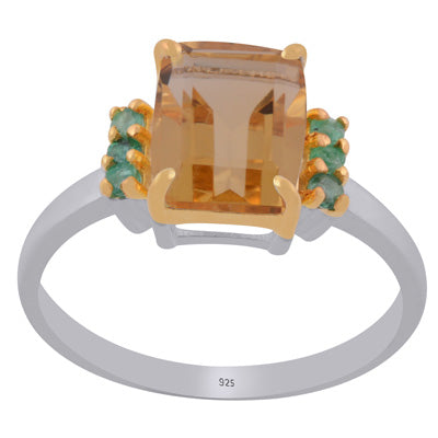 Beautiful Two tone Gold Plated Citrine,Emerald Rectangle,Round Shape 925 Sterling Solid Silver Ring - R1002444-22
