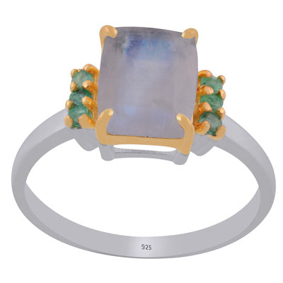Beautiful Two tone Gold Plated Rainbow Moonstone,Emerald Rectangle,Round Shape 925 Sterling Solid Silver Ring - R1002444-24