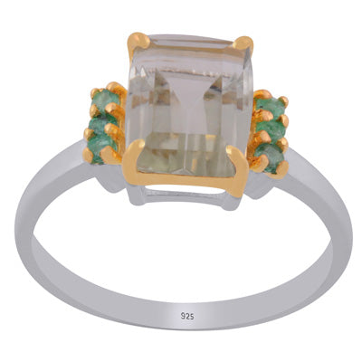 Beautiful Two tone Gold Plated Green Amethyst,Emerald Rectangle,Round Shape 925 Sterling Solid Silver Ring - R1002444-29