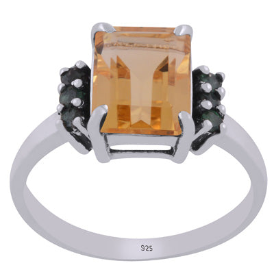 Beautiful Multiple Color Gemstone Around Citrine,Emerald Rectangle,Round Shape 925 Sterling Solid Silver Ring - R1002444-9