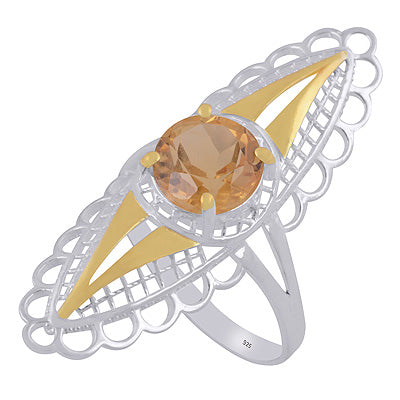 Alluring two tone Gold plated Citrine Round Shape 925 Sterling Solid Silver Ring - R1002446-12
