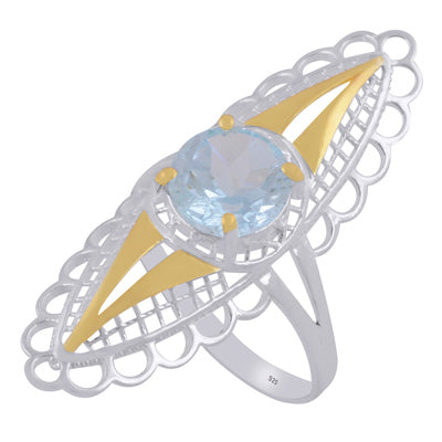 Alluring two tone Gold plated Blue Topaz Round Shape 925 Sterling Solid Silver Ring - R1002446-13