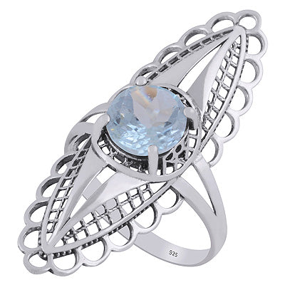 Alluring Designed Jali pattern Around Blue Topaz Round Shape 925 Sterling Solid Silver Ring - R1002446-4
