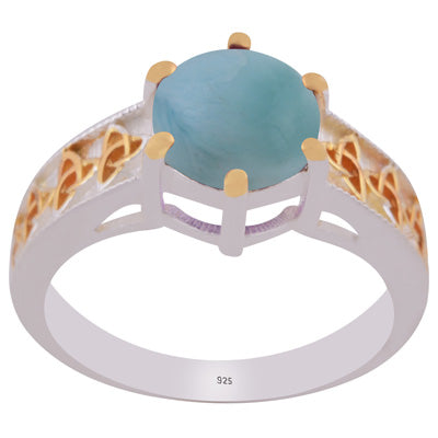 Stunning Two-tone Gold Plated Larimar Round Shape 925 Sterling Solid Silver Ring - R1002448-19