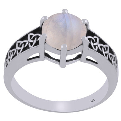 Gorgeous Oxidised Work Around Rainbow Moonstone Round Shape 925 Sterling Solid Silver Ring - R1002448-6