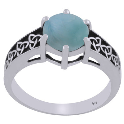 Gorgeous Oxidised Work Around Larimar Round Shape 925 Sterling Solid Silver Ring - R1002448-8
