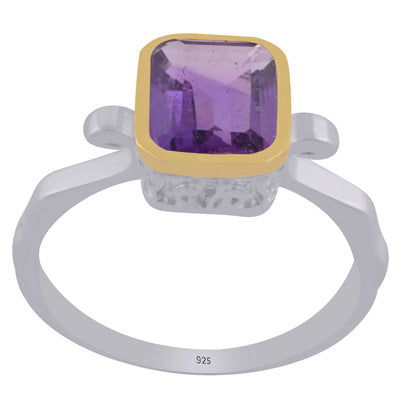 Stunning Two tone Gold Plated Amethyst Rectangle Shape 925 Sterling Solid Silver Ring - R1002454-9