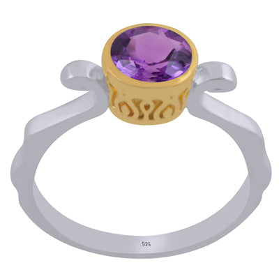 Stunning Two Tone Gold Plated Amethyst Round Shape 925 Sterling Solid Silver Ring - R1002458-4