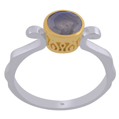 Stunning Two Tone Gold Plated Labradorite Round Shape 925 Sterling Solid Silver Ring - R1002458-6