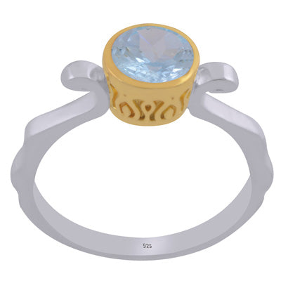 Stunning Two Tone Gold Plated Blue Topaz Round Shape 925 Sterling Solid Silver Ring - R1002458-7