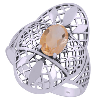 Stunning Jali Pattern Around Citrine Oval Shape 925 Sterling Solid Silver Ring - R1002459-4