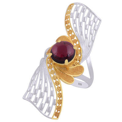 Alluring Gold Plated Jali Work Around Garnet Round Shape 925 Sterling Solid Silver Ring - R1002463-12